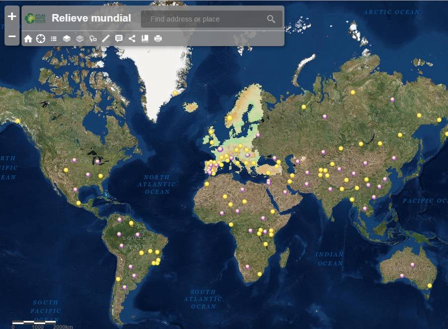 Imagen del Atlas Digital sobre el relieve mundial con algunas herramientas que se pueden aplicar.