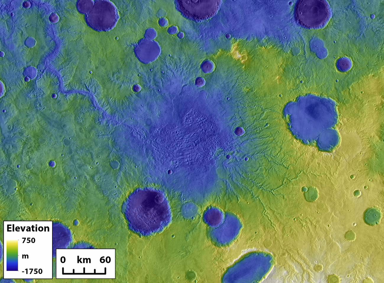 Antiguos cráteres de Marte, con un caño de salida en uno de ellos
