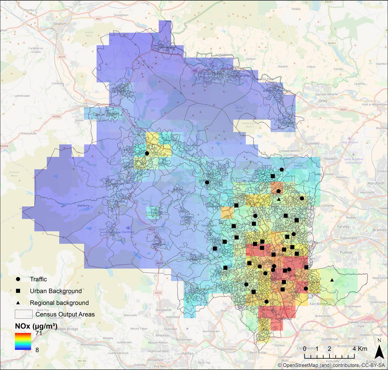 Mapa de la contaminación de fondo en la ciudad de Bradford 