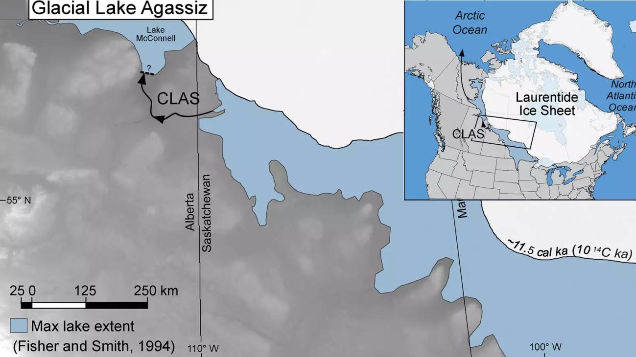 Mapa que muestra la localización del lago Agassiz en Canadá
