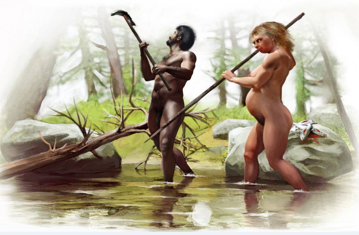 Pareja de neandertal y Homo sapiens