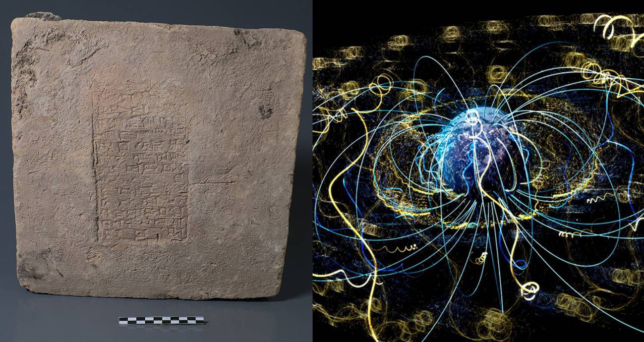 Ladrillo de Mesopotamia e ilustración del campo magnético de la Tierra