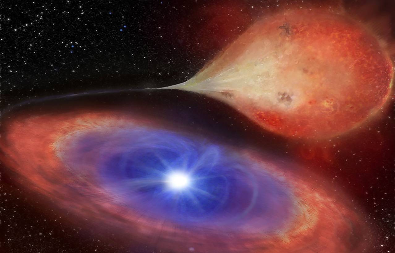 Ilustración de una enana blanca que acrecienta (aumenta) al absorber material de una estrella compañera.