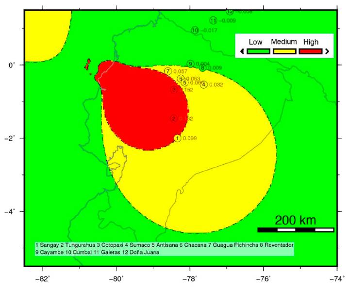 Mapa de volcanes del Holoceno ecuatorianos potencialmente activados por el terremoto de Pedernales (Ecuador) de Mw 7.8 del 16 de abril de 2016.