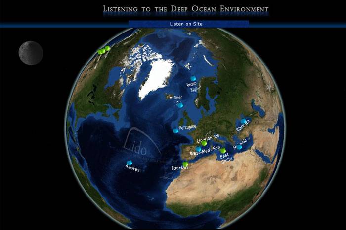 Mapa mundial de la ubicación de los hidrófonos del proyecto Listening to The Deep Ocean Environment (LIDO) 