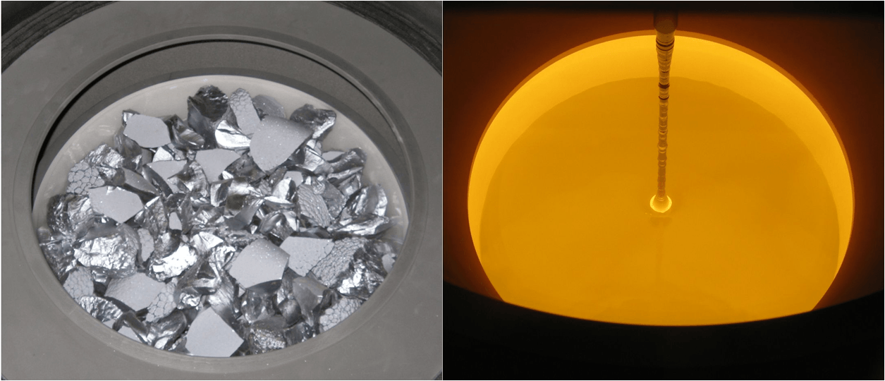 Aspecto del silicio antes y después de fundirlo (imagen tomada en el interior de un reactor Czochralski)