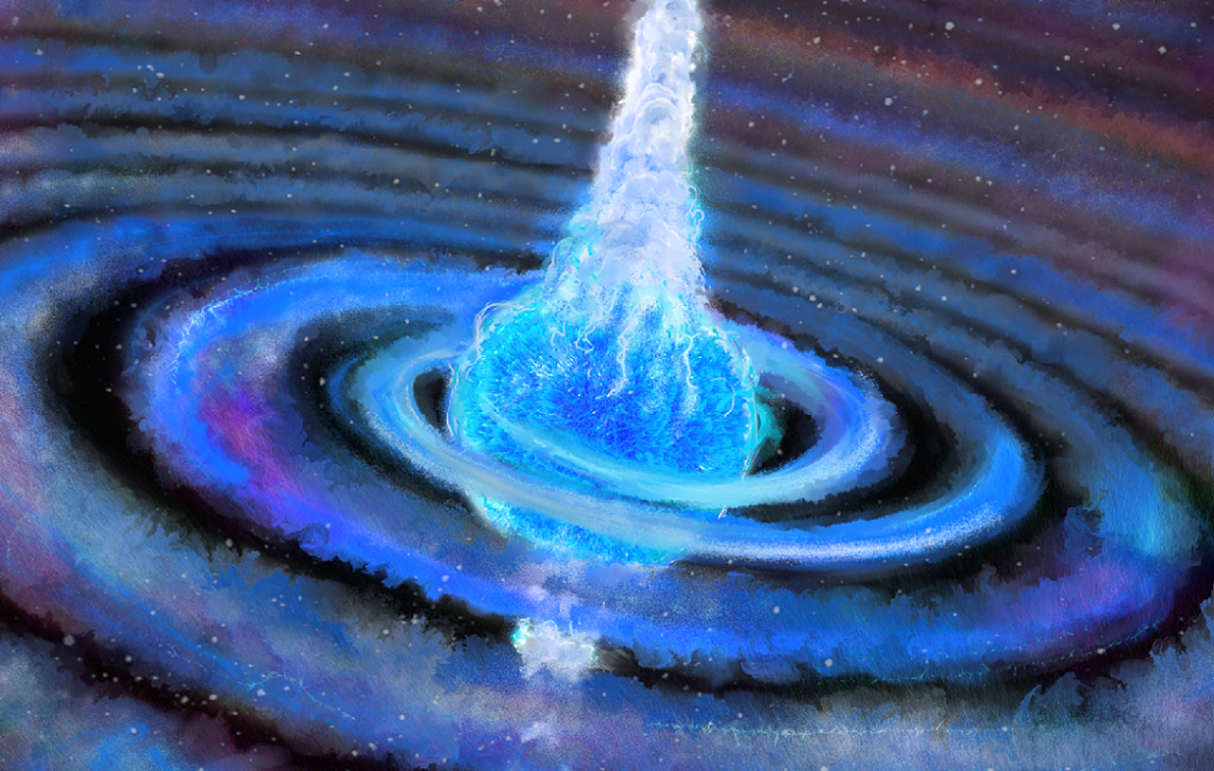 recreación artística de un agujero negro o una estrella de neutrones fusionándose con el núcleo de su compañera estelar