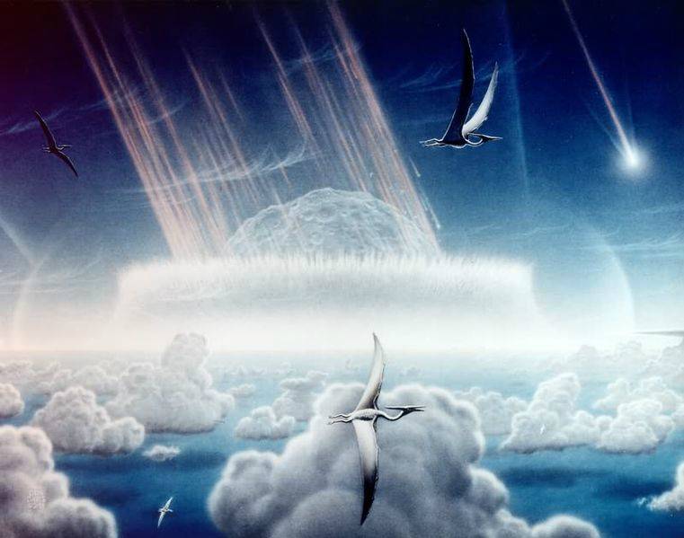 Representación artística e hipotética de cómo fue el impacto del asteroide que formó el cráter de Chicxulub. Imagen_ Wikipedia