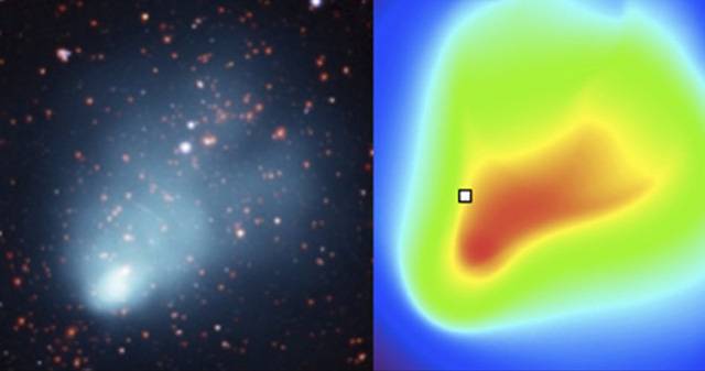 Imagen comparativa de los datos (imagen de las múltiples galaxias y el gas emisor de rayos X, izquierda) con el modelo de gas caliente (derecha). La forma de “cometa” de los datos de rayos X está bien reproducida por el modelo