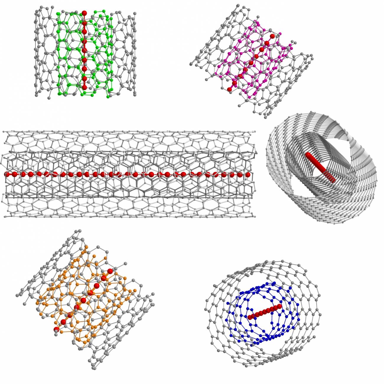 Representación esquemática de una cadena de carbono lineal ultralarga dentro de diferentes nanotubos de carbono de pared doble (© Lei Shi / Faculty of Physics, University of Vienna)