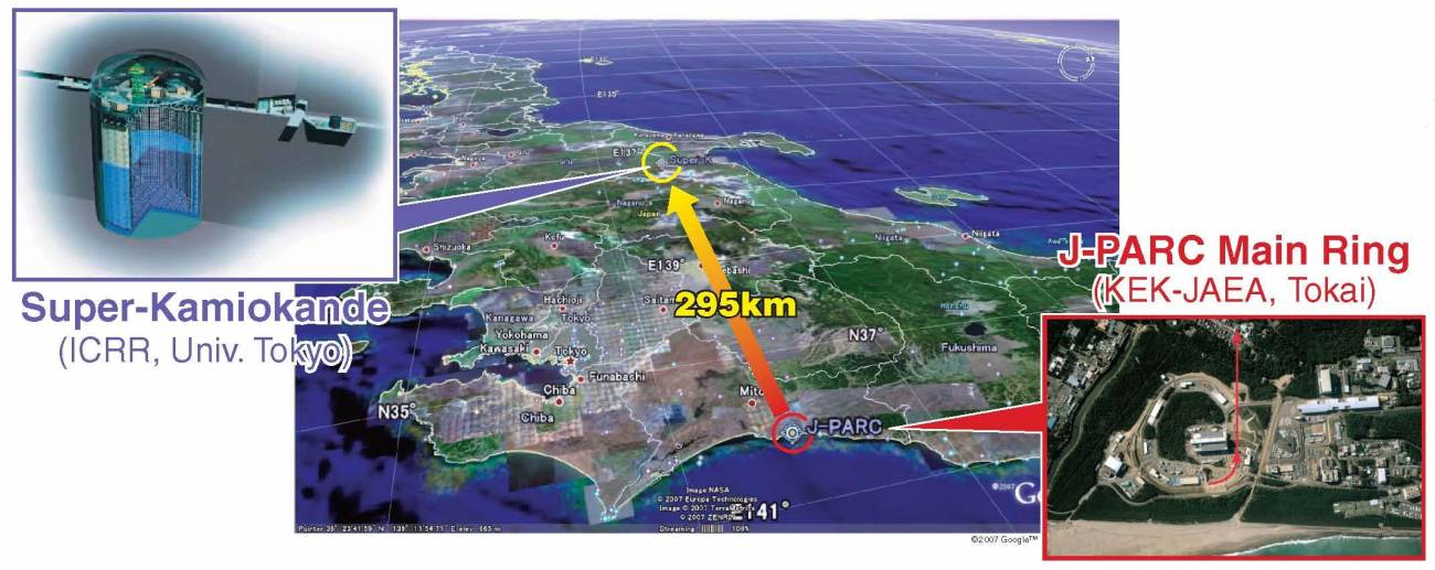 J-PARC y Super-Kamiokande en la costa este y oeste, respectivamente, de Japón. Los separan casi 300 quilómetros.
