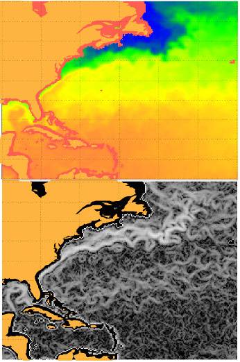 Identificación de las corrientes marinas (debajo) a  partir de imágenes de temperatura de la superficie del mar (arriba).