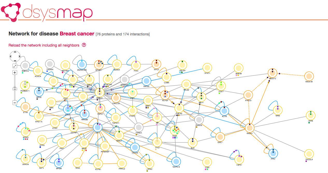 Ejemplo de un mapa de interacciones de proteínas de dSysMap para el cáncer de mama