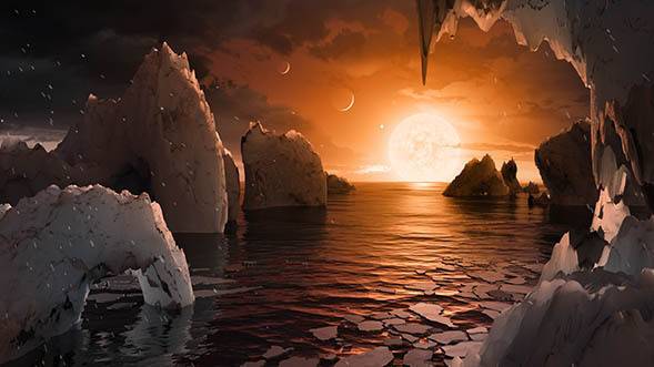 Esta ilustración nos permite imaginar lo que sería estar en la superficie del exoplaneta TRAPPIST-1f, uno de los siete hallados en el sistema TRAPPIST-1. / Autores: NASA/JPL-Caltech.
