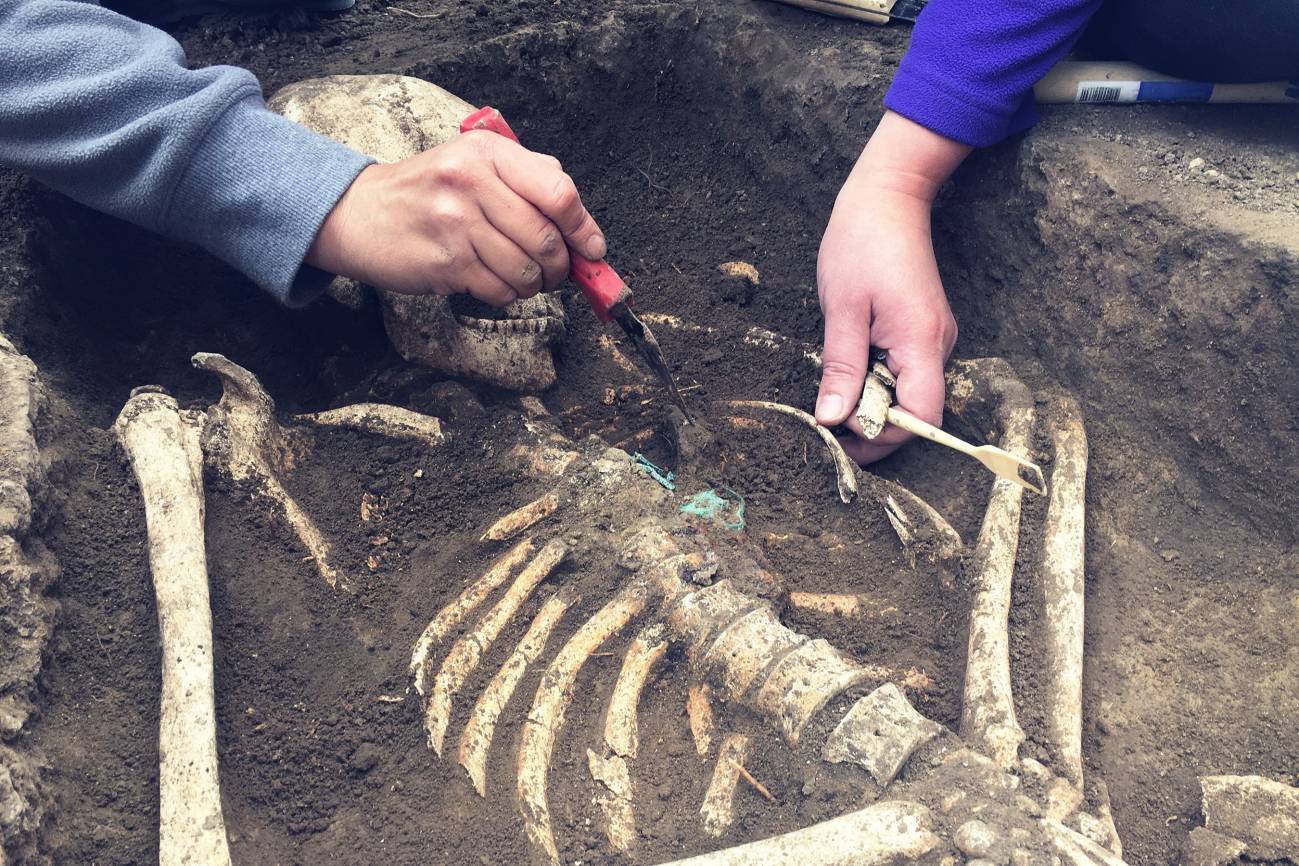 Arqueólogos limpian restos fósiles humanos 