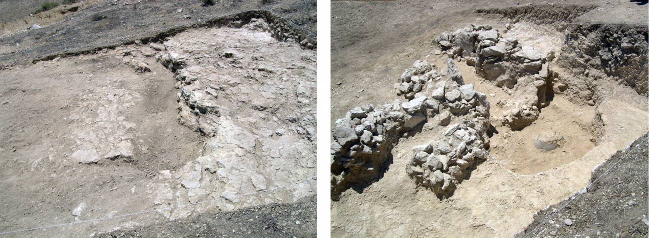 Corte al inicio y durante el desarrollo de la excavación, con los restos constructivos de una de las tumbas abiertas en la ladera