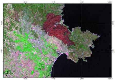 Imagen Landsat 7 ETM+ del 10 de agosto del 2000 mostrando el perímetro de un incendio en el Cap de Creus