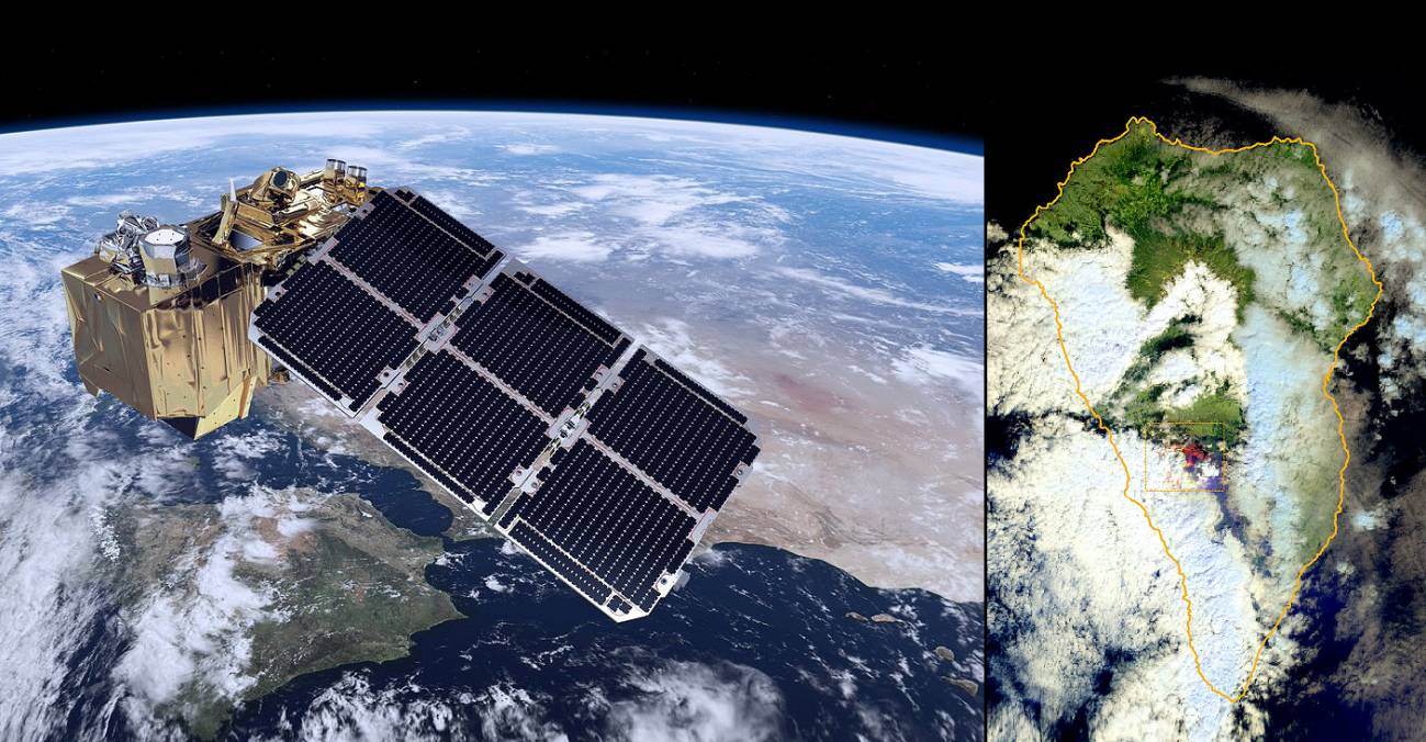 Ilustración de Sentinel-2 e imagen real del volcán de La Palma captada por el satélite