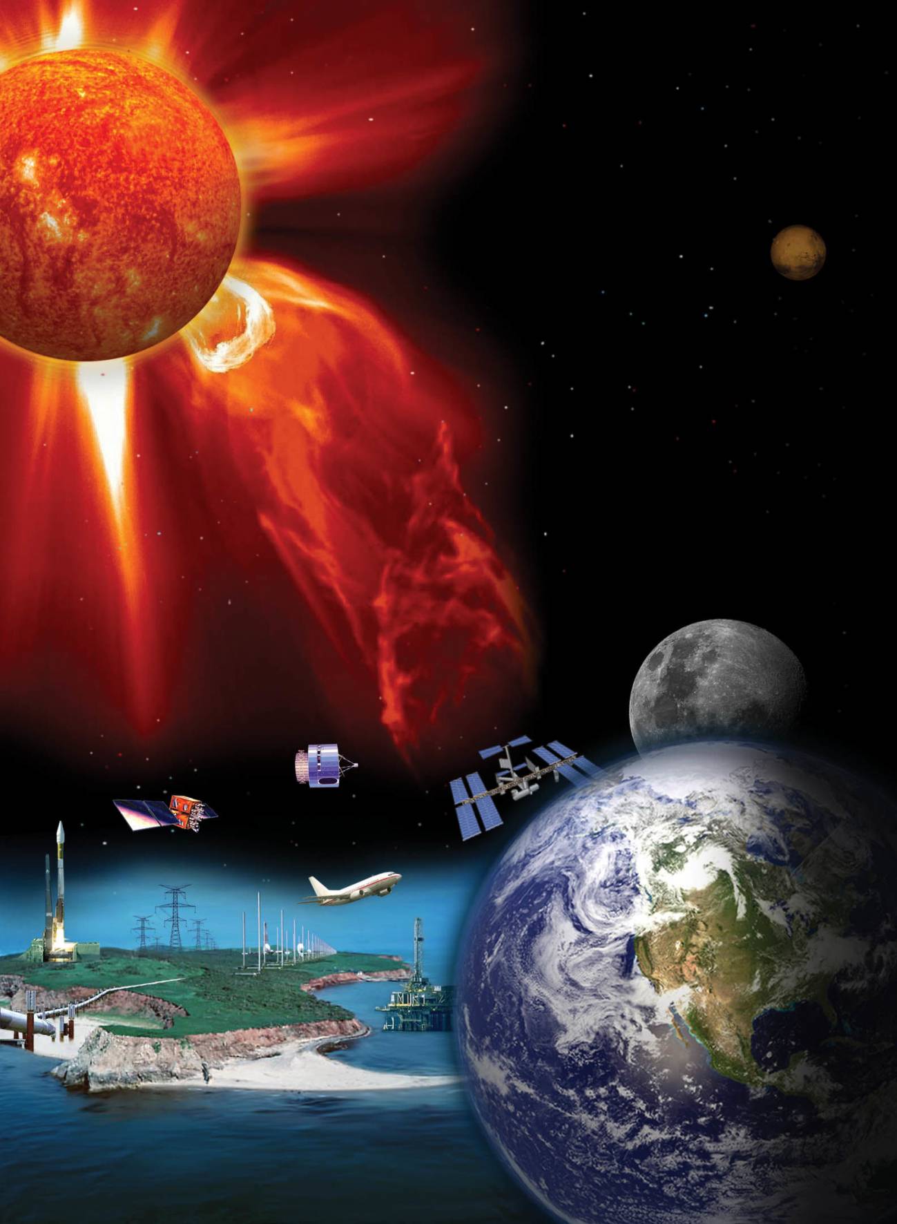 Imagen que ilustra los riesgos asociados a las tormentas solares sobre la tecnología terrestre/National Space Weather Program 