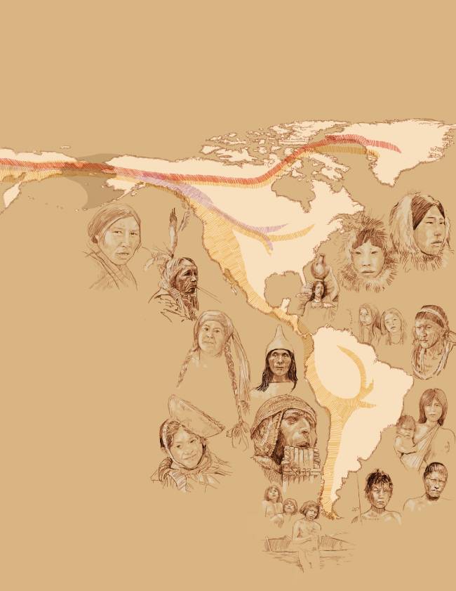 Ilustración basada en fotografías de los nativos americanos por todo el continente, desde el Ártico hasta la Tierra del Fuego
