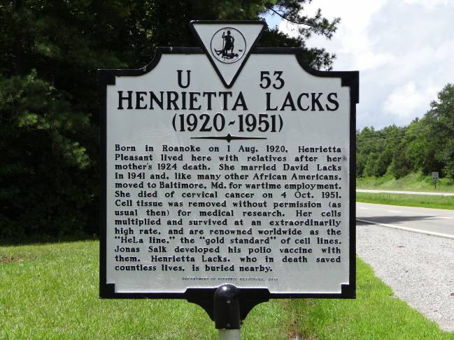 Cartel conmemorativo de Henrietta Lacks en Clover, Virginia