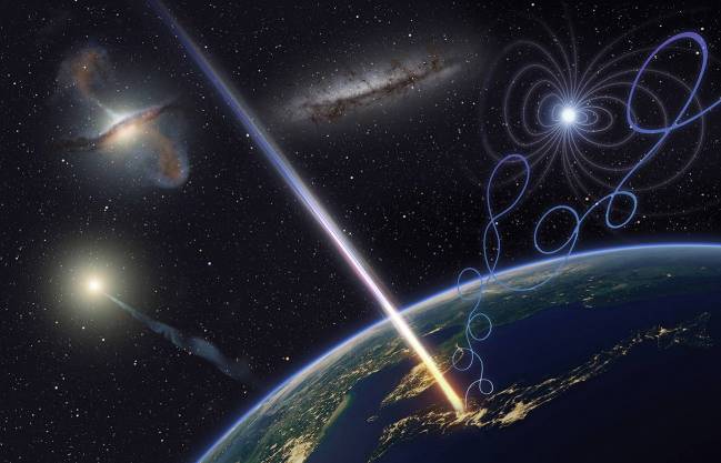 Recreación artística de un rayos cósmicos de ultraalta energía llegando a la Tierra
