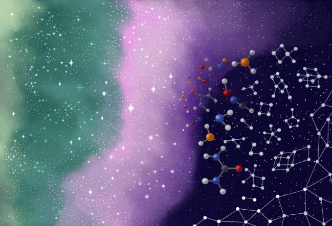 Representación artística de la conexión creada entre la ciencia de la redes complejas y la astroquímica