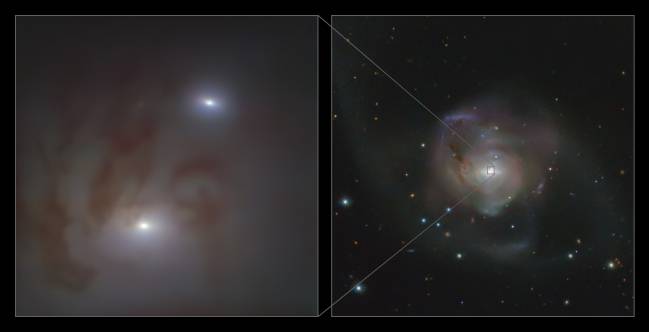 Dos núcleos galácticos brillantes que albergan, cada uno, un agujero negro supermasivo