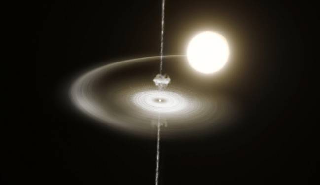 Reproducción artística del púlsar PSR J1023 + 0038 robando gas de su estrella compañera