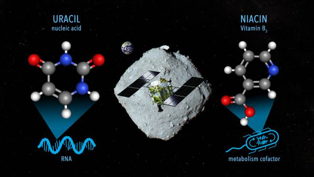 Imagen conceptual de la toma de muestras de materiales que contienen uracilo y vitamina B3 en el asteroide Ryugu por la nave Hayabusa2.