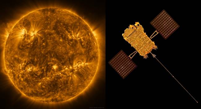 Imagen del Sol e ilustración del observatorio solar indio Aditya-L1