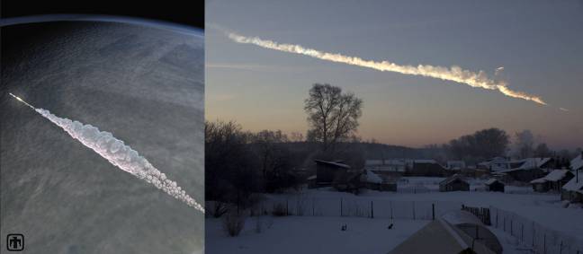Simulación en 3D y fotografía real de la explosión del meteoro de Cheliábinsk.