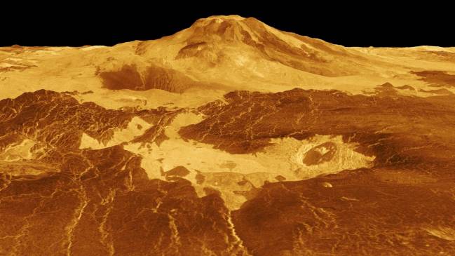 Este modelo 3D generado por ordenador de la superficie de Venus muestra la cumbre del volcán Maat Mons