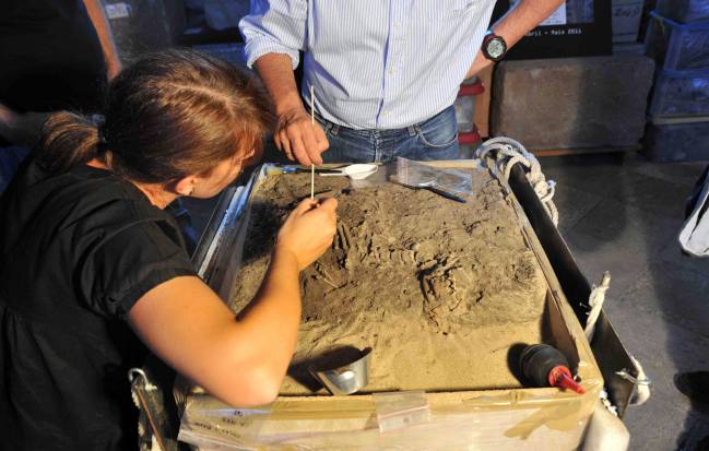 Excavación de la tumba del perro en los talleres del Museo Nacional de Arqueología de Lisboa.