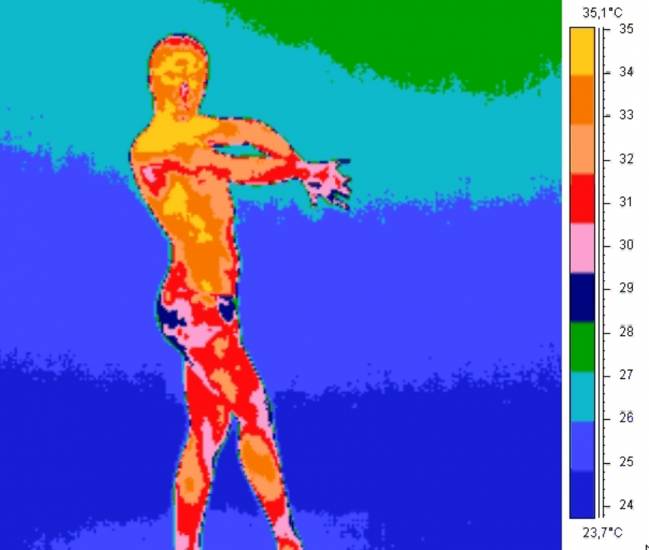  Imagen de una de las bailaoras que participaron en el estudio, y que sí sentía el ‘duende flamenco’. Como muestra el termógrafo (en azul, según la escala de la derecha), las partes del cuerpo que más se enfriaron fueron la nariz y los glúteos.