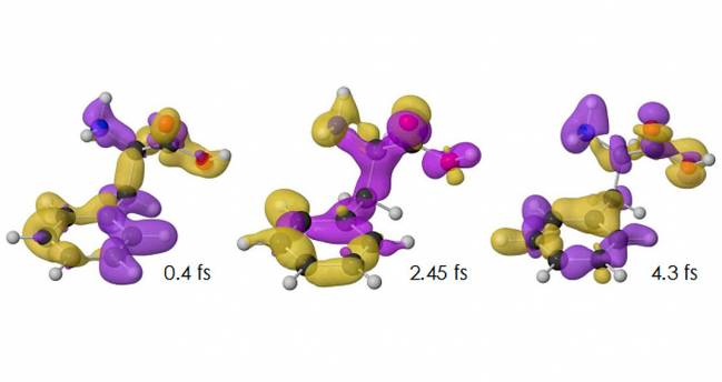 Variación de la densidad de carga con el tiempo para el confórmero más estable del aminoácido fenilalanina. El tiempo de expresa en femtosegundos (fs). El exceso (defecto) de carga respecto al valor promedio se representa en color amarillo (púrpura).