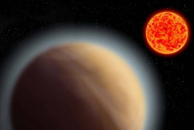 Representación artística de un exoplaneta con espesa atmósfera orbitando alrededor de una enana roja