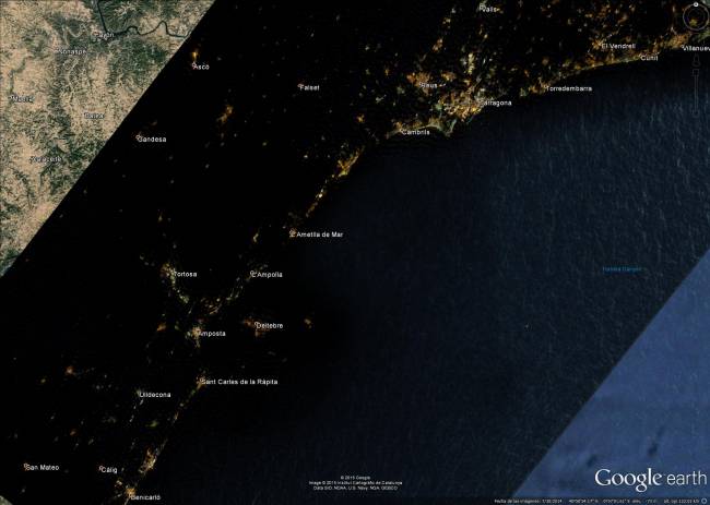 Imágenes obtenidas por satélite de la zona de estudio con puntos de contaminación lumínica.