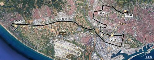 Mapa del área metropolitana de Barcelona con las tres ubicaciones del experimento