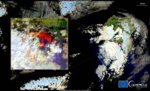 Imagen por satélite del despertar del volcán en La Palma