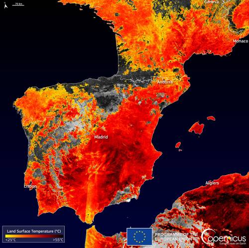 Sentinel-3 detecta el calor extremo en España y Francia.