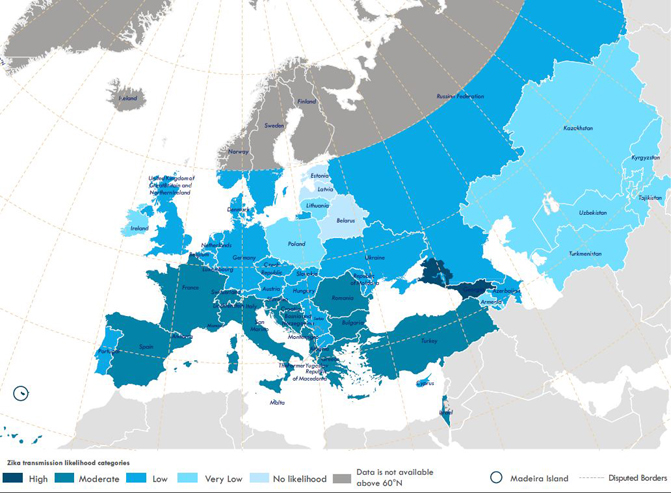 Mapa del riesgo de propagación del zika en Europa. / WHO