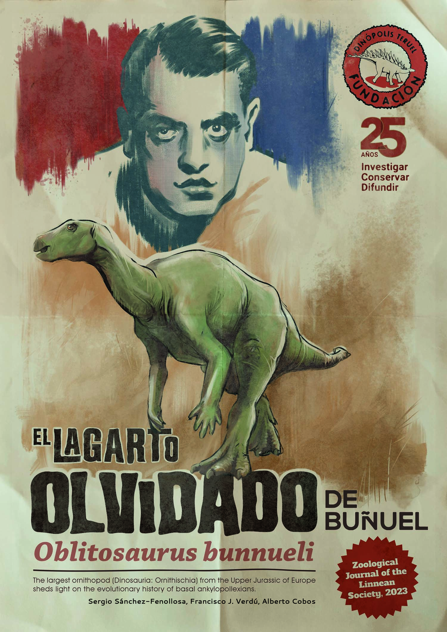 Diseño, a modo de cartel anunciador de película, que representa al nuevo dinosaurio ornitópodo ‘Oblitosaurus bunnueli’ y al director de cine turolense Luis Buñuel. / Fudación Dinópolis